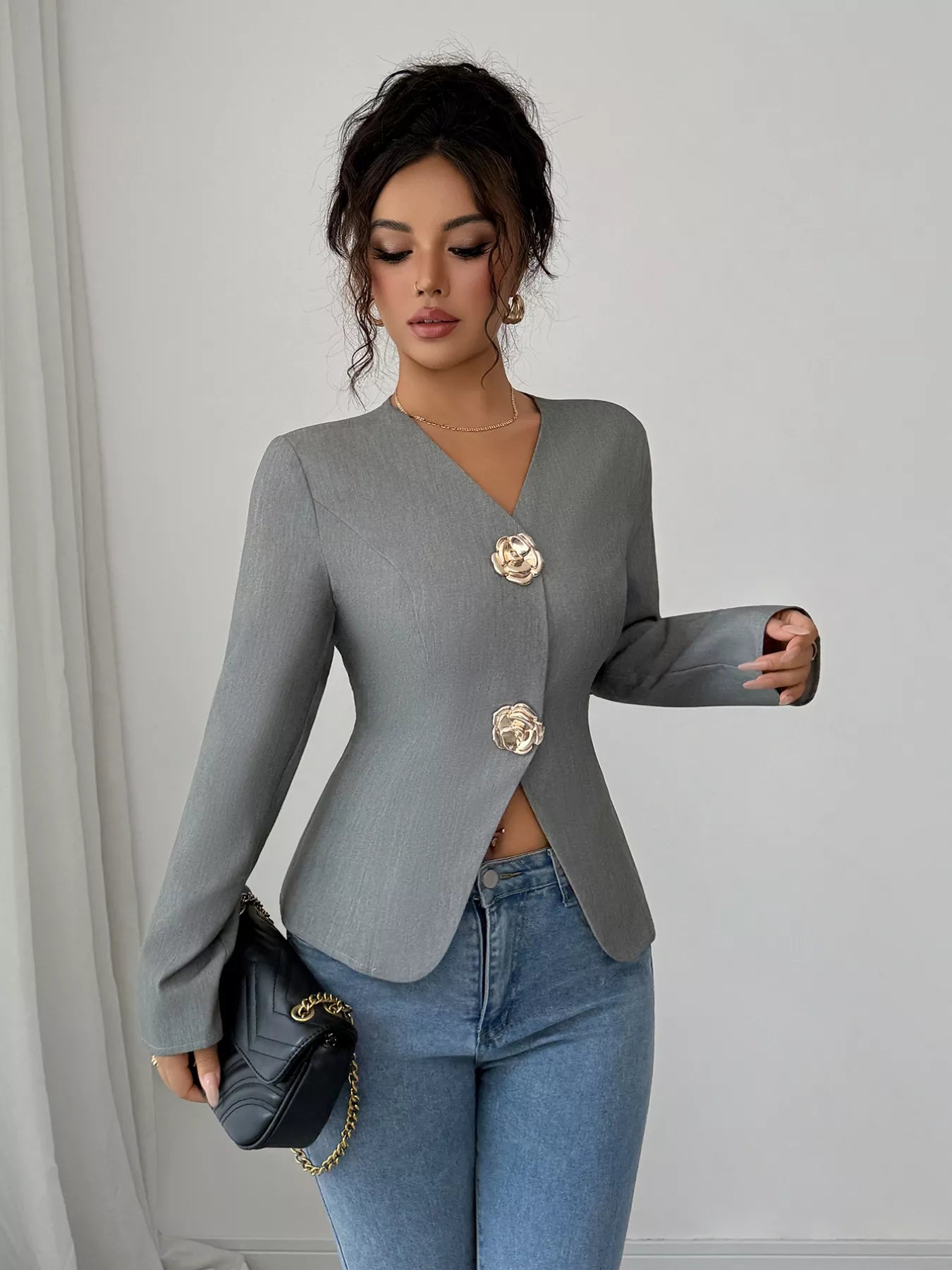 Flower button long sleeve blazer front view