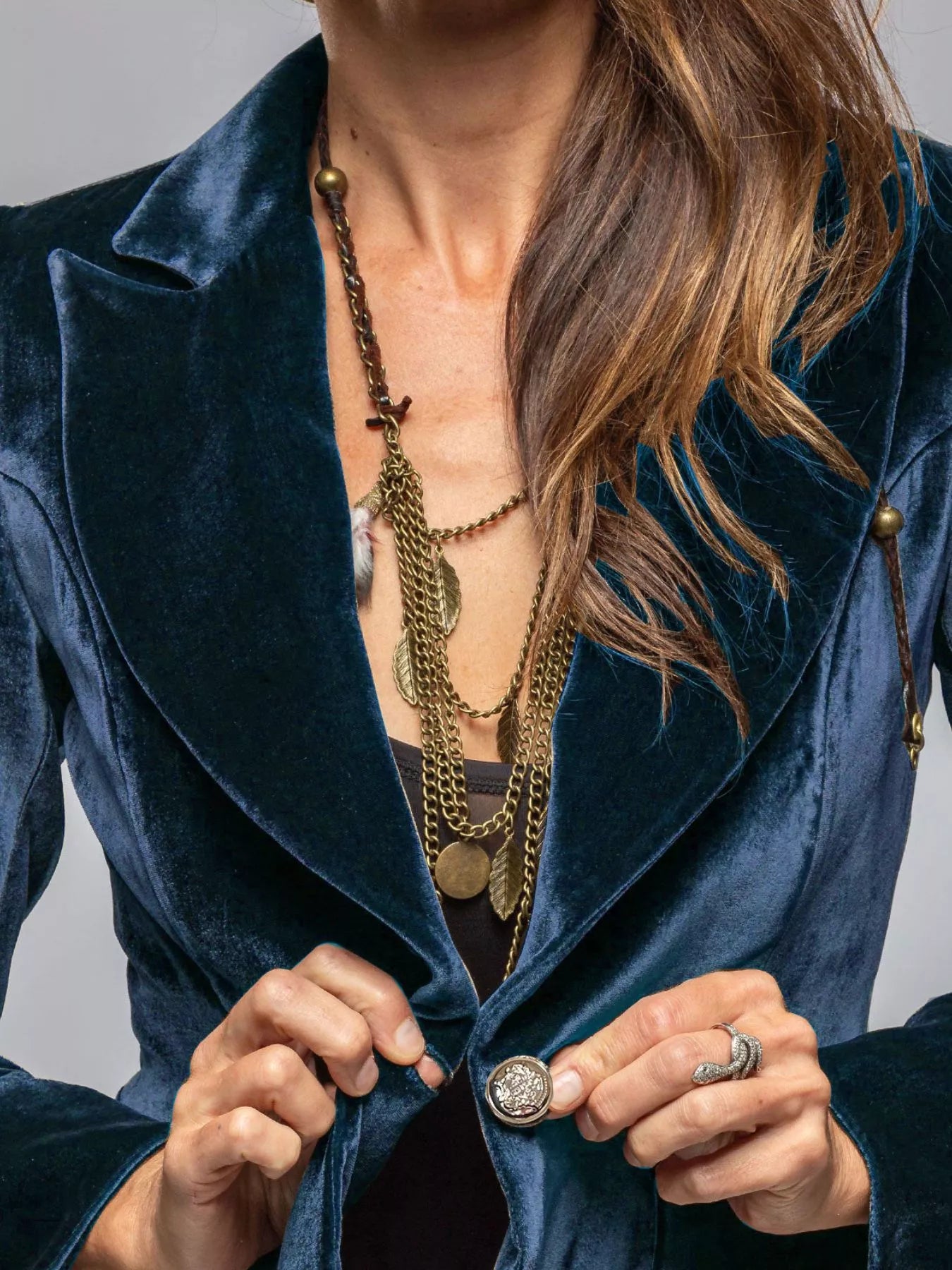 Velvet Lapel Collar One Button Blazer Front View