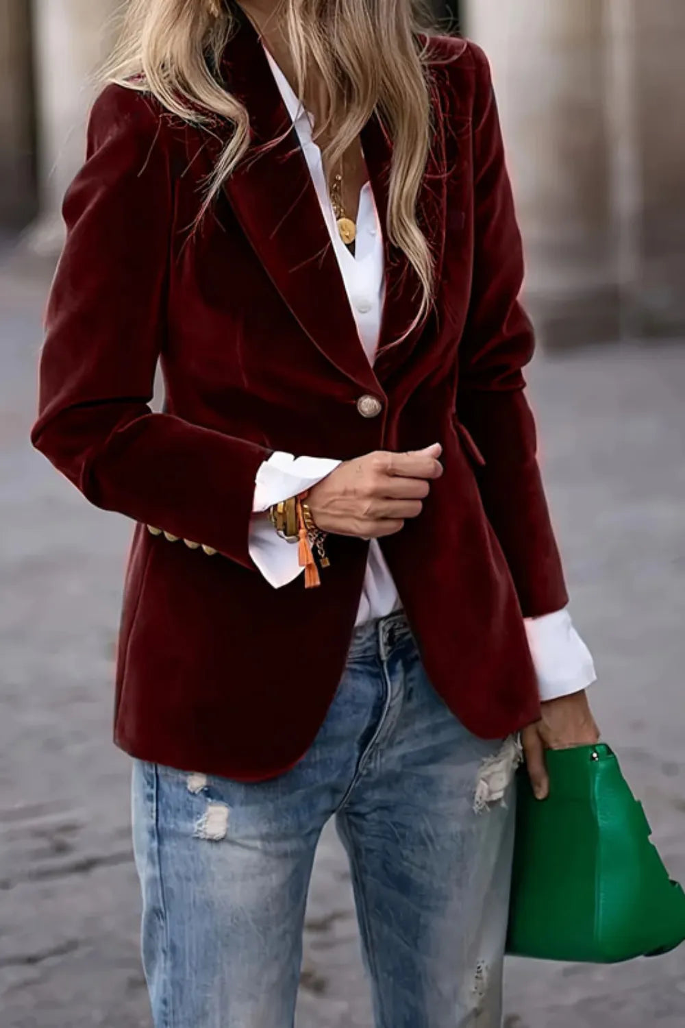 Front view of One Button Lapel Collar Long Sleeve Blazer