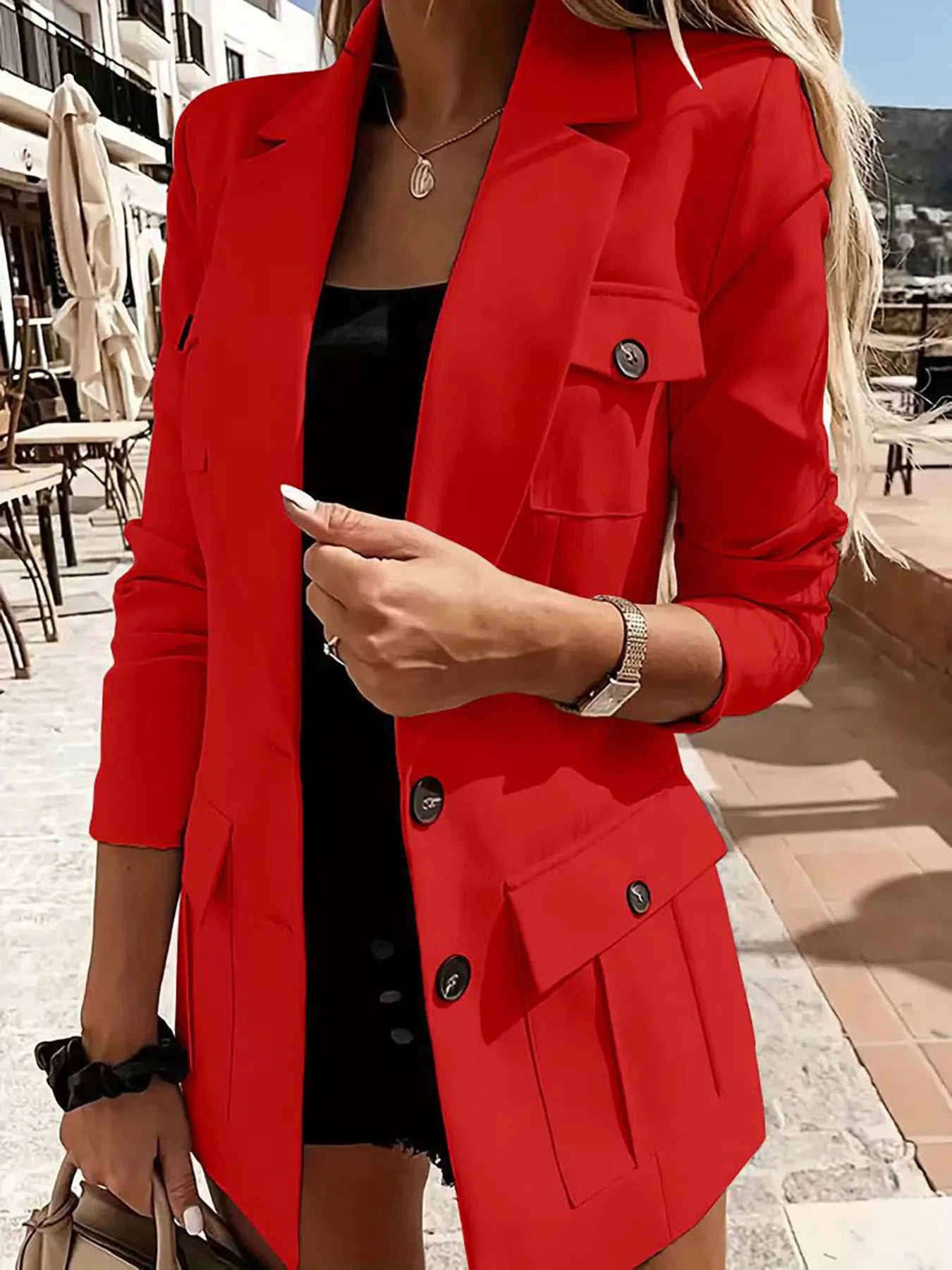 Front view of Lapel Collar Long Sleeve Blazer