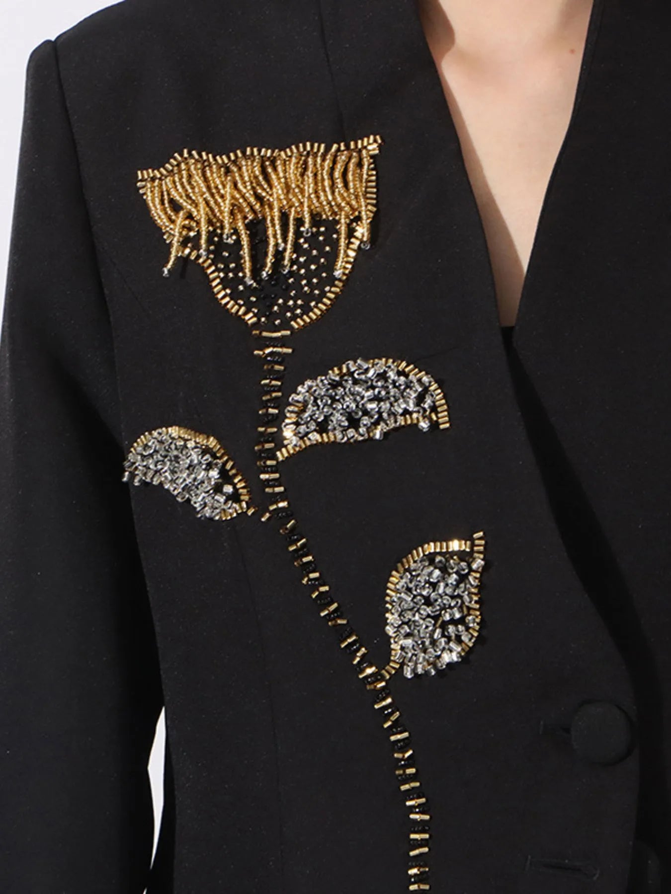 Front view of Flower Button Front Long Sleeve Blazer