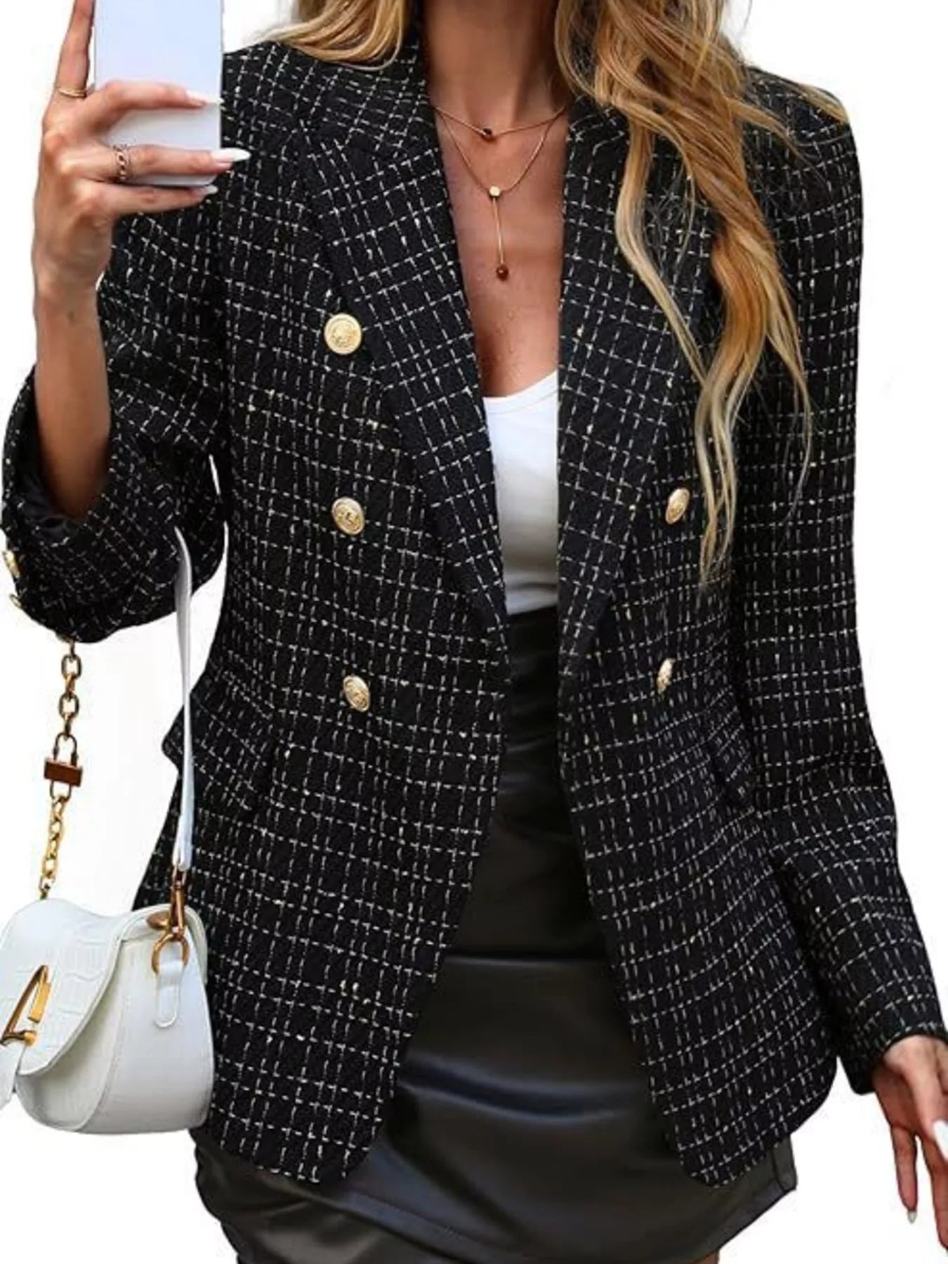Front view of double-breasted lapel collar blazer