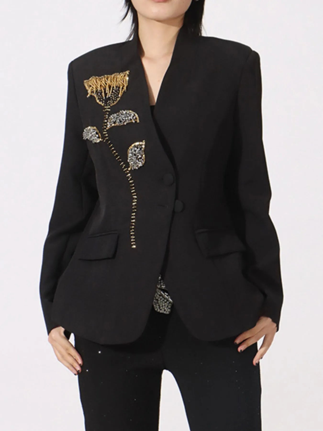 Front view of Flower Button Front Long Sleeve Blazer
