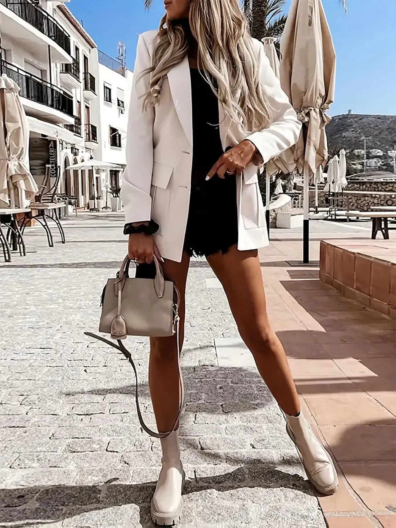 Model wearing Lapel Collar Long Sleeve Blazer with white blouse