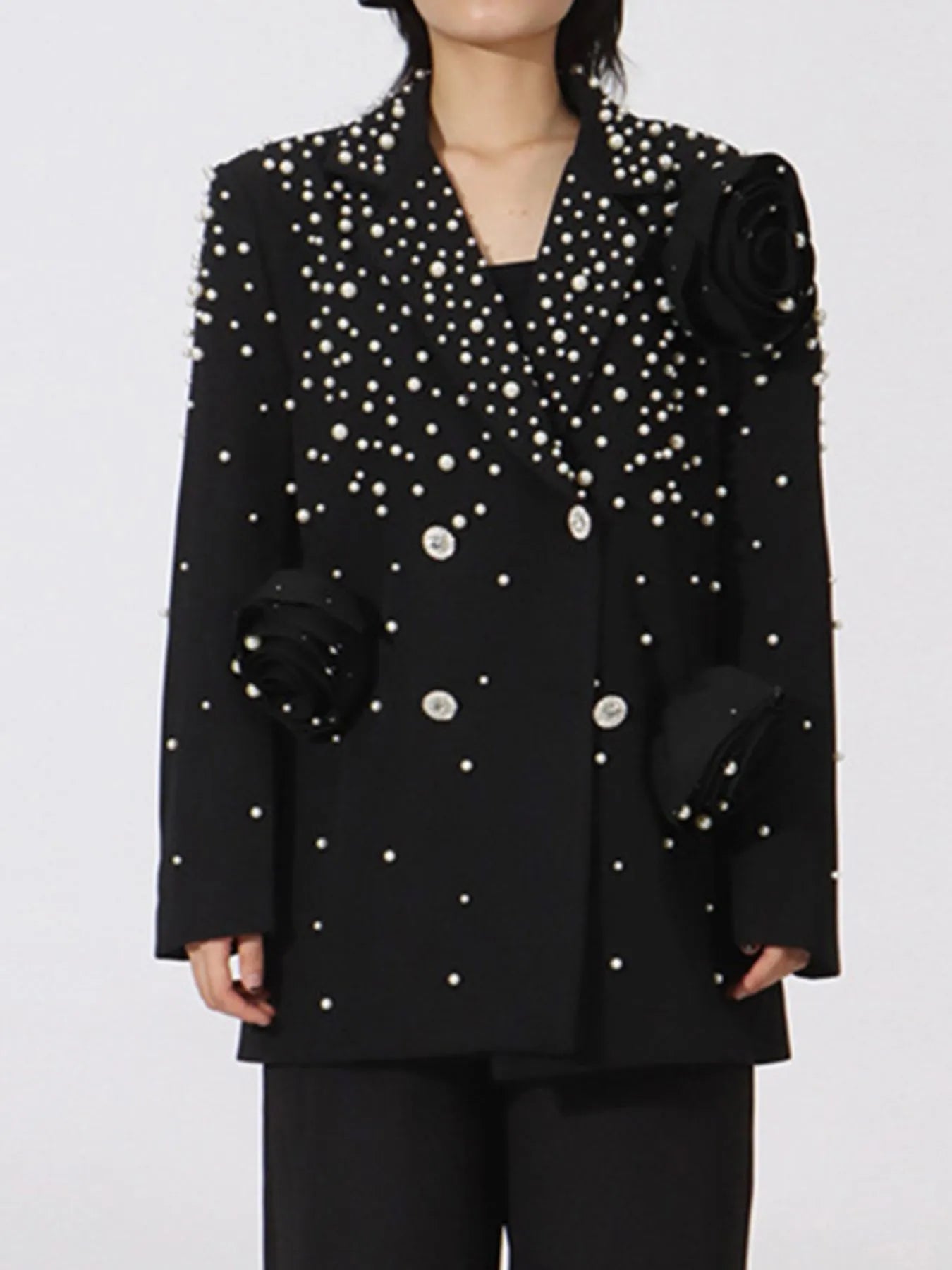Front view of Pearl Embellished Double-Breasted Blazer