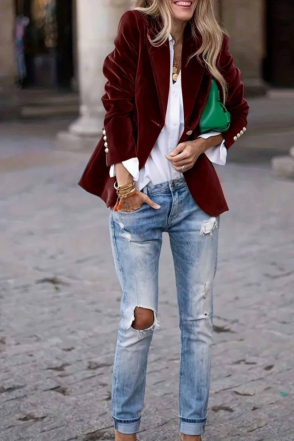 Model wearing One Button Lapel Collar Long Sleeve Blazer